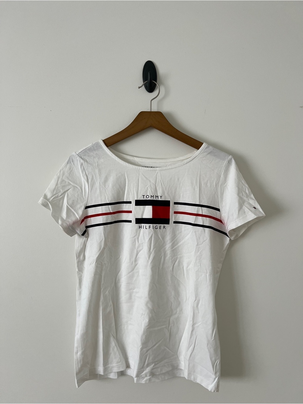 Tommy Hilfiger White Tee with Red & Navy Logo Stripes